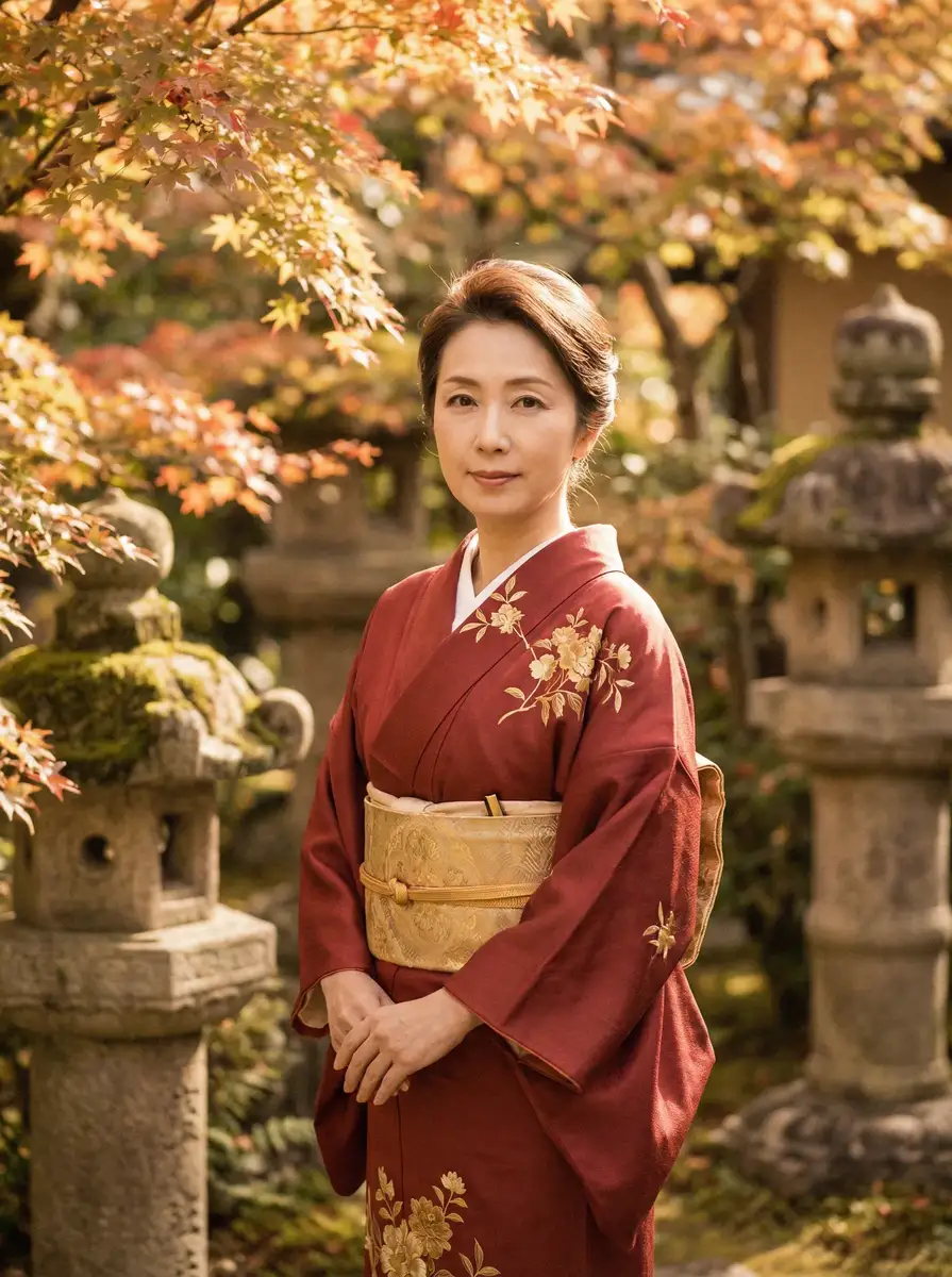 一位身穿暗红色和服的优雅 穿越寒冬去拥抱你电影 在日式庭院中